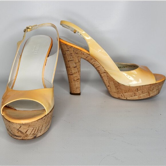 GUCCI vintage 38 ombre Patent Leather Cork GG PLATFORM slingback shoes Authentic - Picture 5 of 5